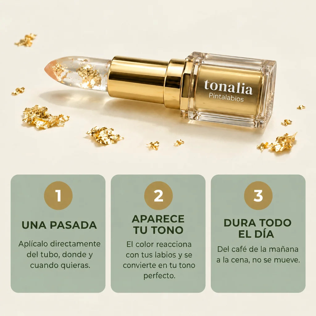 Pintalabios Tonalia con láminas de oro: tu tono en 3 pasos
