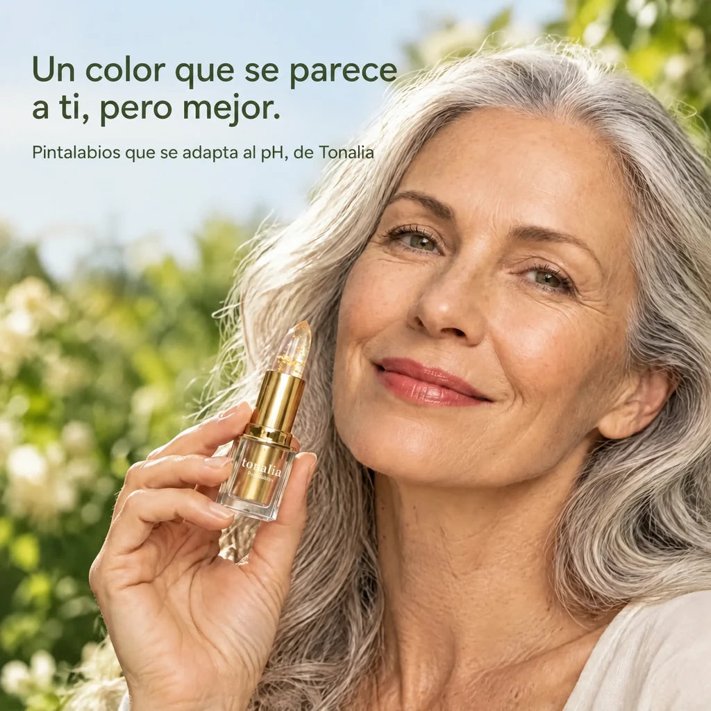Mujer madura con el pintalabios Tonalia que se adapta al pH